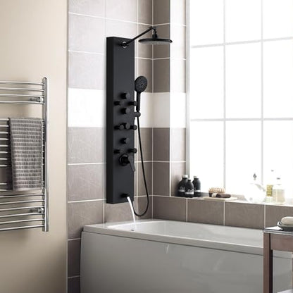 ROVOGO Shower Panel Tower System, Simultaneous 4 Shower Modes, Matte Black | Rain Shower Head+Handheld+Body Jets+Tub Spout, Height Adjustable Shower Arm, Stainless Shower Column W/ Brass Valve, 43.3" - color: All Black-Adjustable Rain Head