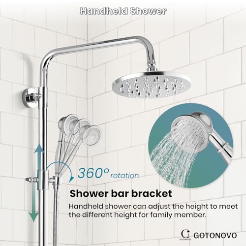 gotonovo Exposed Shower Tub Faucet Set 3 Function Wall Mount,Polish Chrome | Shower System Fixtures with Tub Spout,8” Rain Head and Handheld,360°Rotation,Adjustable Height,for 5-6.7" Hole,Outdoor/Indoor - color: Chrome