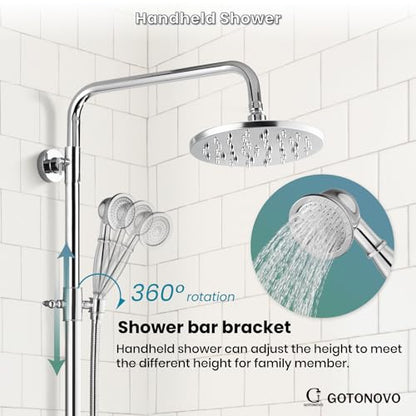 gotonovo Exposed Shower Tub Faucet Set 3 Function Wall Mount,Polish Chrome | Shower System Fixtures with Tub Spout,8” Rain Head and Handheld,360°Rotation,Adjustable Height,for 5-6.7" Hole,Outdoor/Indoor - color: Chrome