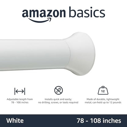 Amazon Basics No Drill Spring Tension Curtain Rod, Adjustable 78-108" Width, White, Classic Finial - color: White, size: 78-108"