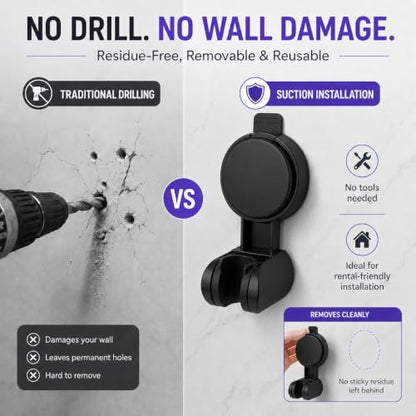 Suction Cup Shower Head Holder, Black, Adjustable, No Drill | Strong Suction Hold, Removable No-Drill Mount, Adjustable Angle for Smooth Tile, Glass, Marble and Metal Surfaces - style: Matte Black-L
