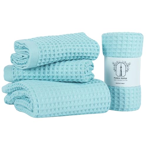 PÜSKÜL Natural 100% Turkish Cotton Waffle Towels Set of 4-Piece, Turquoise | 2-Bath sheet (Extra-large 32x63") and 2-Hand towel (Large 32x16"). Premium honeycomb-waffle weave, oeko-tex made in Turkiye. - color: Turquoise
