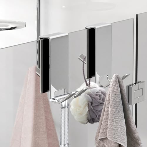 Double-Sided Shower Door Hooks for Frameless Glass Doors, Fits 0.47 in (12 mm) Glass, Stainless Steel Towel and Robe Hanger, No Drill, 2-Pack, Silver - color: Silver