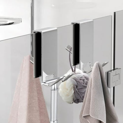 Double-Sided Shower Door Hooks for Frameless Glass Doors, Fits 0.47 in (12 mm) Glass, Stainless Steel Towel and Robe Hanger, No Drill, 2-Pack, Silver - color: Silver