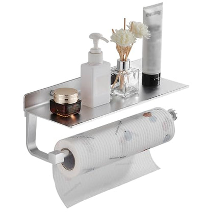 Wall Mount Paper Towel Holder with Shelf for Bathroom/Kitchen, Adhesive Hand Towel Holder, Matte Silver - color: Silver