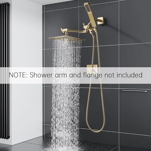 G-Promise All Metal 8-Inch Dual Square Shower Head Combo, Rain Shower Head, Handheld Shower Wand with 71-Inch Extra Long Hose, 3-Way Diverter, Adjustable Extension Arm, Brushed Gold | Built to Last, Easy Install, Adjustable Height & Angle for All Heights,