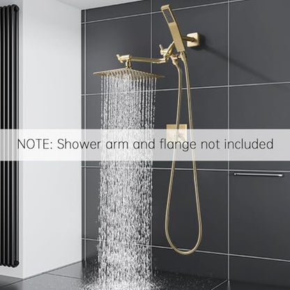 G-Promise All Metal 8-Inch Dual Square Shower Head Combo, Rain Shower Head, Handheld Shower Wand with 71-Inch Extra Long Hose, 3-Way Diverter, Adjustable Extension Arm, Brushed Gold | Built to Last, Easy Install, Adjustable Height & Angle for All Heights,