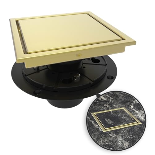 6 Inch Square Shower Drain Gold Floor Drain with Flange Reversible 2-in-1 Cover Tile Insert Grate Removable SUS304 Stainless Steel CUPC Certified Brushed Gold - color: Brushed Gold, size: 6 Inch