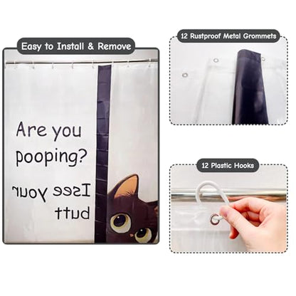 Clear Cute Funny Black Cat Shower Curtain Liner, Are You Pooping Shower Curtain, Fun Anime Cat Shower Curtains for Bathroom, 72x72 Plastic Cool Summer Shower Curtain Set with Weighted Magnets 12 Hooks - color: Clear Black Cat, size: 72"W x 72"L (Pack of 1