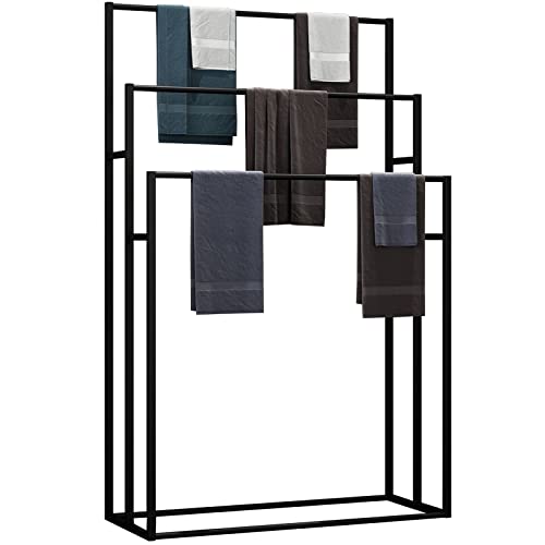 3 Tier Standing Towel Rack - Extra Wide Large Bathroom Towel Stand, Heavy-Duty Metal Towel Drying Rack for Poolside (Matte Black, 25.6” Wide) - color: Matte Black