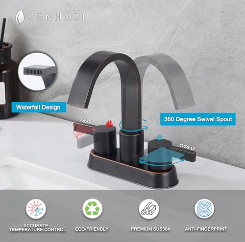Oil Rubbed Bronze Bathroom Faucet 3 Hole, Senhozi 4 Inch Centerset Bathroom Faucet with Pop up Drain and 2 Supply Lines, Waterfall Bathroom Faucet Modern Faucet Bathroom, SE-0048-ORB - color: Oil Rubbed Bronze