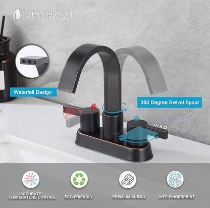 Oil Rubbed Bronze Bathroom Faucet 3 Hole, Senhozi 4 Inch Centerset Bathroom Faucet with Pop up Drain and 2 Supply Lines, Waterfall Bathroom Faucet Modern Faucet Bathroom, SE-0048-ORB - color: Oil Rubbed Bronze
