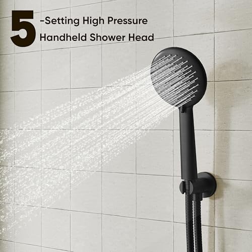 Gabrylly Shower System with Tub Spout, Black Bathtub Shower Faucet Set with 3-Way Pressure Balance Valve Kit, 10" Rain Head with Handheld Spray, Matte Black - color: Matte Black, style: 10 Inches-With Tub Spout