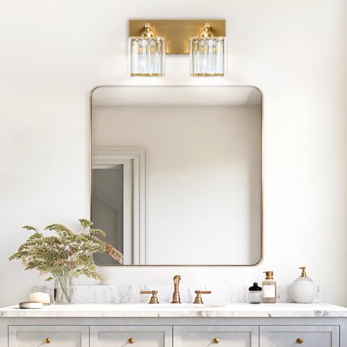 Gold Crystal Bathroom Vanity Light, 2-Light Modern Bathroom Lighting Fixtures Over Mirror,Chrome Wall Sconce Light Fixtures with Square Shade - color: Gold-Square Shade, size: 2-LIGHT