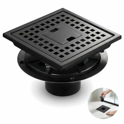 6 Inch Matte Black Square Shower Drain Kit with Lift-Out Hair Catcher, 304 Stainless Steel Shower Floor Drain with ABS Flange, for Bathroom