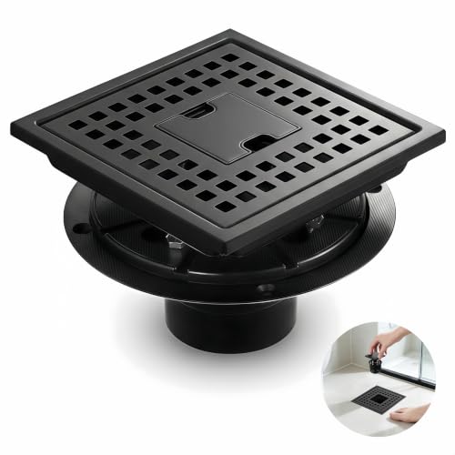 6 Inch Matte Black Square Shower Drain Kit with Lift-Out Hair Catcher, 304 Stainless Steel Shower Floor Drain with ABS Flange, for Bathroom