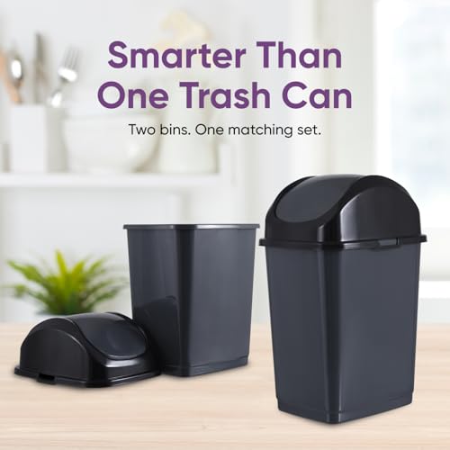 Superio Mini 1.25 Gallon and Small 2.5 Gallon Plastic Trash Cans with Swing Top Lid, Grey Waste Bin for Countertop, Desk, Vanity, Bathroom, 2 Pack (Grey) - size: 1.25 and 2.5 Gallon, style: 2 Pack