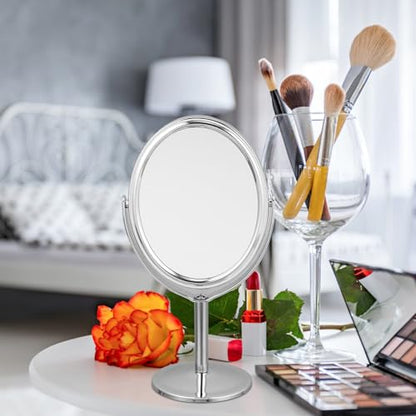 DECHOUS Double-Sided Oval Desktop Makeup Mirror Silver, Rotatable Beauty Vanity Mirror with Swivel Stand for Home Dressing Table and Personal Grooming