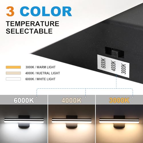 SineRise LED Modern Bathroom Vanity Light Fixtures (16-Inch, 3000K/4000K/6000K, Dimmable), Matte Black Modern Acrylic Bathroom Wall Lighting Fixtures Over Mirror - color: Matte Black, size: 16-Inch