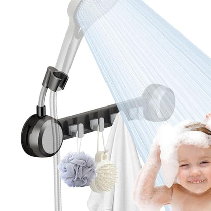 Shower Head Holder Suction Cup with 4 Hanger Hook Wall Mount - 2 in 1 Design - No-Drill Strong Adhesive Shower Wand Bracket - Adjustable Handheld Shower Head Mount - Gun Gray - color: Gun Gray