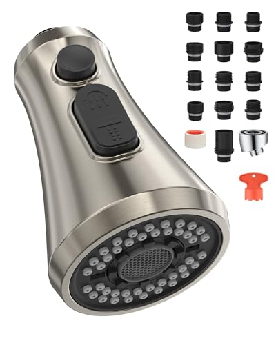 Mbillion Universal Brushed Nickel Kitchen Faucet Sprayer Head Replacement | 3 Function ABS Sink Faucet Head, Pull-Down Nozzle with 14 Adapters, Compatible with Moen,Delta,Kohler,WEWE American Standard - color: Brushed Nickel