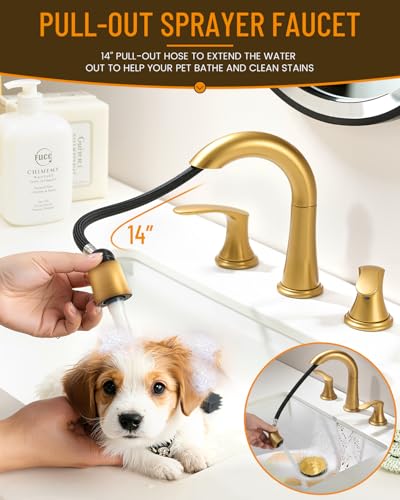 Bathroom Faucet Brushed Gold 8 Inch Certerset 3 Hole 2 Handles Faucet, BF-106B, 14 Inch Pull Down Out Sprayer Washing Pet & Cleaning, 360 Swivel Spout Widespread Coverage Vanity - color: Brushed Gold