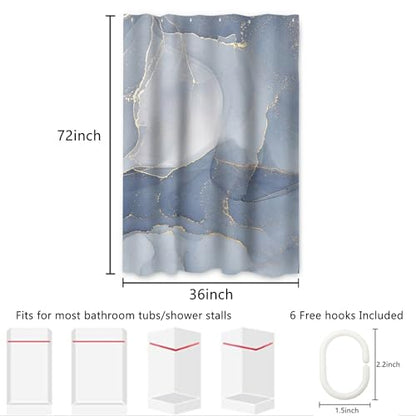 AWERT Small Half Size Stall Shower Curtain with 6 Hooks Shower Stall Curtain 36 x 72 Light Blue Marble Gold 36 inch Shower Curtain for Bathroom/RV and Camper (Blue Marble) - color: Blue Marble, size: 36"W x 72"L (Pack of 1)