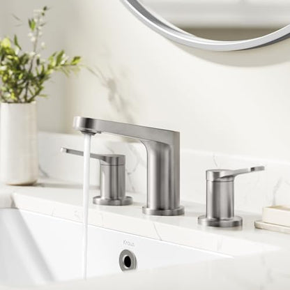KRAUS Indy Widespread Bathroom Faucet in Spot-Free Brushed Nickel with 2 Handles, Pop Up Drain and Supply Lines, FUS-14103SFBN - color: Spot Free Brushed Nickel, style: Widespread