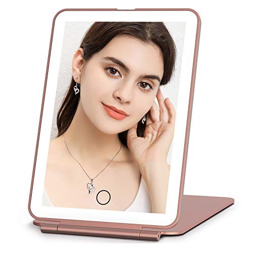 FUNTOUCH Rechargeable Travel Makeup Mirror with 72 Led Lights | Portable Lighted Beauty Mirror, 3 Color Lighting, Dimmable Touch Screen, Tabletop LED Folding Cosmetic Vanity Mirror - color: Rose Gold