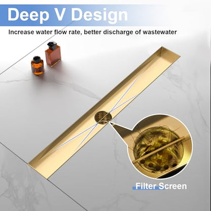 36 Inch Linear Shower Drain-Brushed Gold, with Tile Insert Grate | AISI 304 Stainless Steel Shower Drain, Rectangle Shower Floor Drain with Leveling Feet, Fits Bathroom & Balcony etc - color: Brushed Gold, size: 36 Inch