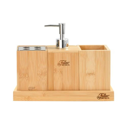 Fuller’s Bamboo Bathroom Counter Set – Eco-Friendly & Water-Resistant Sink Organizer | 4-Piece Vanity Tray, Soap Dispenser, Toothbrush Holder & Storage Container