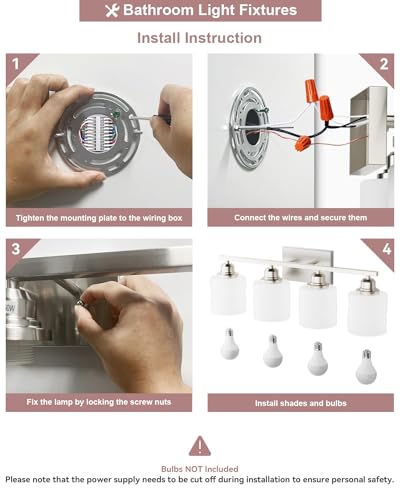 4-Light Bathroom Light Fixtures Over Mirror, Glass Shade & Anti-Rust Nickel Finished,Brushed Nickel Vanity Lights, Modern Bathroom Vanity Light, Bathroom Light for Small Space - color: Brushed Nickel-4 Light