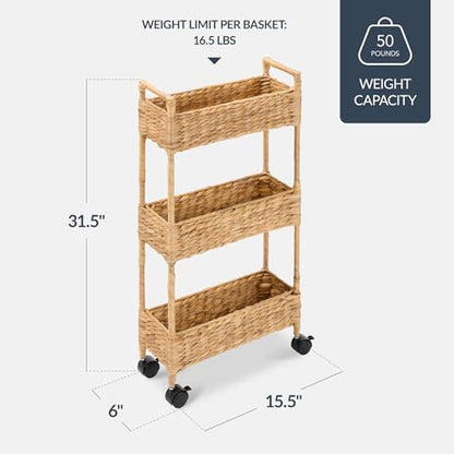 Best Choice Products 3-Tier Slim Water Hyacinth Rolling Nursery Caddy w/Wheels, Handwoven Utility Cart, Narrow Storage Organization for Bathroom, Craft Room, Laundry Room - Natural - color: Natural