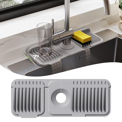 15 Inch Silicone Faucet Mat for Kitchen Sink Splash Guard – 2025 Upgraded Draining Mat with Water Tray Behind Faucet – Countertop Protectors to Catch Spills (Gray, 14.6" x 5.5") - color: Gray, size: 14.6" x 5.5"