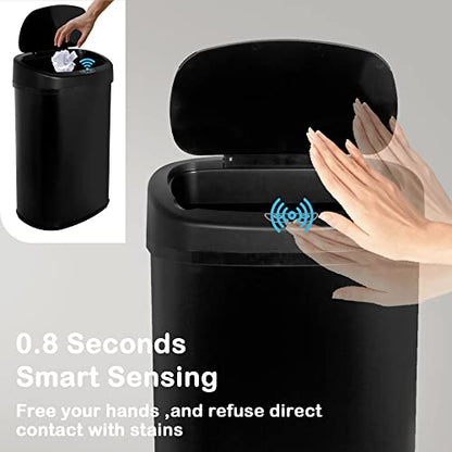 Kitchen Trash Can, 13 Gallon Automatic Can with Lid and Motion Sensor Home Office Bedroom Bathroom Living Room, Garbage Touchless Stainless Steel BLACK, 17.3 x 13 x 23.6 - color: BLACK