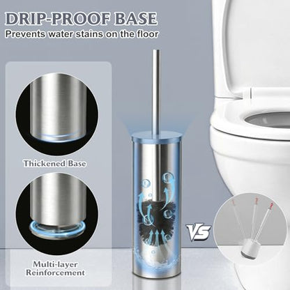 Toilet Brush and Holder Set,Stainless Steel Toilet Bowl Brush and Holder for Bathroom,Hidden Toilet Bowl Brush with 2 Heads,Heavy Duty Cleaner Brush with Removable Inner Bowl and Splash Protection - color: Silver-a2