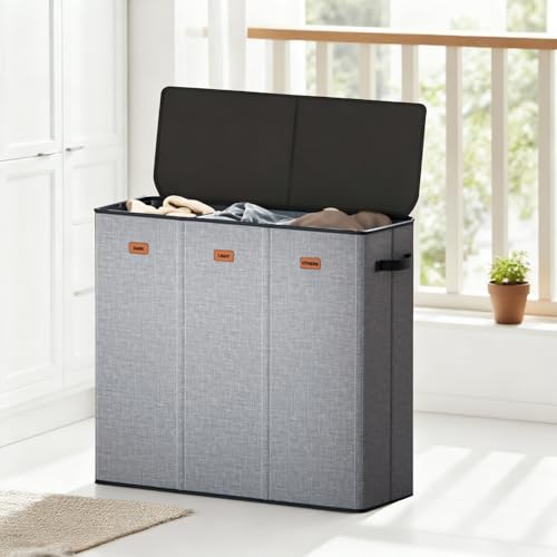 185L Laundry Hamper 3 Section with Lid, Grey Hamper 3 Compartment with 3 Removable Laundry Bags, Large Laundry Basket for Bedroom, Laundry Room, Dorm - color: Grey