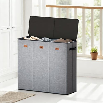 185L Laundry Hamper 3 Section with Lid, Grey Hamper 3 Compartment with 3 Removable Laundry Bags, Large Laundry Basket for Bedroom, Laundry Room, Dorm - color: Grey