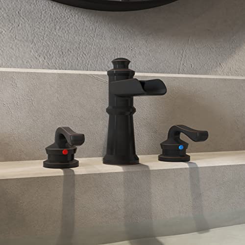 BWE Oil Rubbed Bronze Widespread Waterfall Bathroom Faucet, 3-Hole, Brass | Waterfall Spout, Dual Handle, 3-Hole 8-16 Inch Adjustable Widespread, Ceramic Cartridge, Pop-Up Drain Included, DIY Install - color: Oil Rubbed Bronze