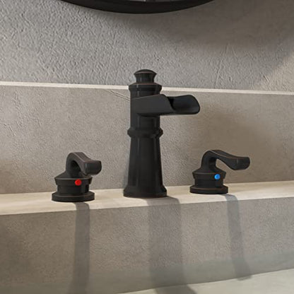 BWE Oil Rubbed Bronze Widespread Waterfall Bathroom Faucet, 3-Hole, Brass | Waterfall Spout, Dual Handle, 3-Hole 8-16 Inch Adjustable Widespread, Ceramic Cartridge, Pop-Up Drain Included, DIY Install - color: Oil Rubbed Bronze