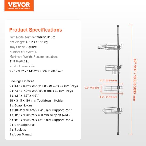 VEVOR Shower Corner Caddy Tension Pole, 42" to 114" High, Multi-Functional Shower Tension Pole with Strong Load-Bearing Tray, Rust-Proof Easy-to-Install, Fit for Bathroom & Washroom, Silver