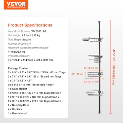 VEVOR Shower Corner Caddy Tension Pole, 42" to 114" High, Multi-Functional Shower Tension Pole with Strong Load-Bearing Tray, Rust-Proof Easy-to-Install, Fit for Bathroom & Washroom, Silver