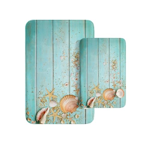 Britimes Beach Shell Sea Bathroom Rug Mat Set of 2, Boho Blue Wood Pattern Washable Cover Floor Rug Carpets Floor Bath Mat Bathroom Decorations 16x24 and 20x32 Inches - color: Beach 2