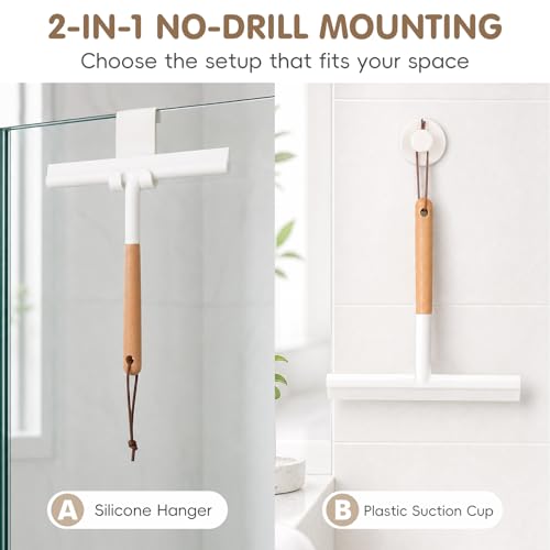 NUOBESTY Shower Squeegee for Glass Doors, Wood Handle White Silicone Wiper | 10" Streak-Free Blade with an Aesthetic Natural Grip. Includes Suction Cup & Over-Door Hook for Bathroom Mirrors & Tiles