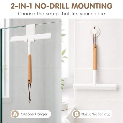 NUOBESTY Shower Squeegee for Glass Doors, Wood Handle White Silicone Wiper | 10" Streak-Free Blade with an Aesthetic Natural Grip. Includes Suction Cup & Over-Door Hook for Bathroom Mirrors & Tiles