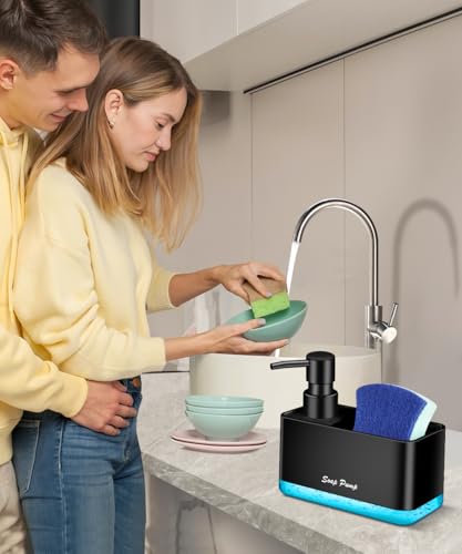 Dish Soap Dispenser with Sponge Holder, 2-in-1 Countertop Small Soap Dispenser for Kitchen and Bathroom, Multi-Scene for Dish Soap, Hand Soap, Lotion, Body Wash (Black) - color: Black