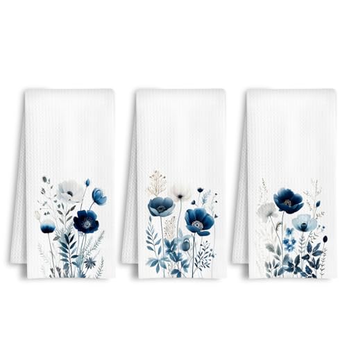 Navy Blue and White Floral Kitchen Towels, Elegant Flower Dish Tea Towels, Cottagecore Wildflower Botanical Decorative Hand Towel for Kitchen Bathroom, 16x24 Inch Set of 3 - color: Navy Floral