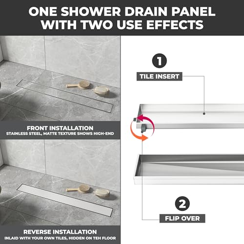 24-Inch Linear Shower Drain - 304 Stainless Steel | Reversible 2-in-1 Flat & Tile Insert Cover, Rectangular Floor Drain Set with Hair Catcher & Adjustable Leveling Feet - color: Brushed Nickel, size: 24 Inch