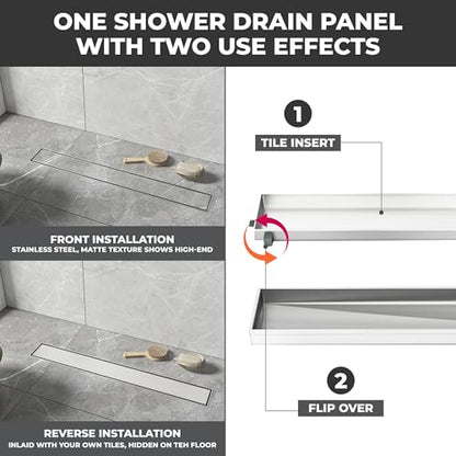 24-Inch Linear Shower Drain - 304 Stainless Steel | Reversible 2-in-1 Flat & Tile Insert Cover, Rectangular Floor Drain Set with Hair Catcher & Adjustable Leveling Feet - color: Brushed Nickel, size: 24 Inch