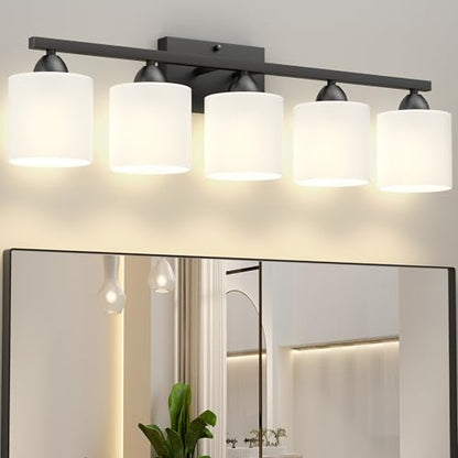 Bathroom Black Lighting Fixtures Over Mirror, Anti-Rust 5-Light Bathroom Vanity Lights,Milky White Glass Shades - color: Black-5Light